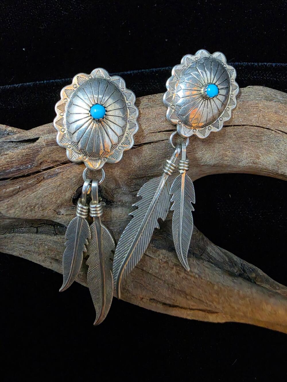 Native American sterling silver Navajo round concho feather dangle earrings